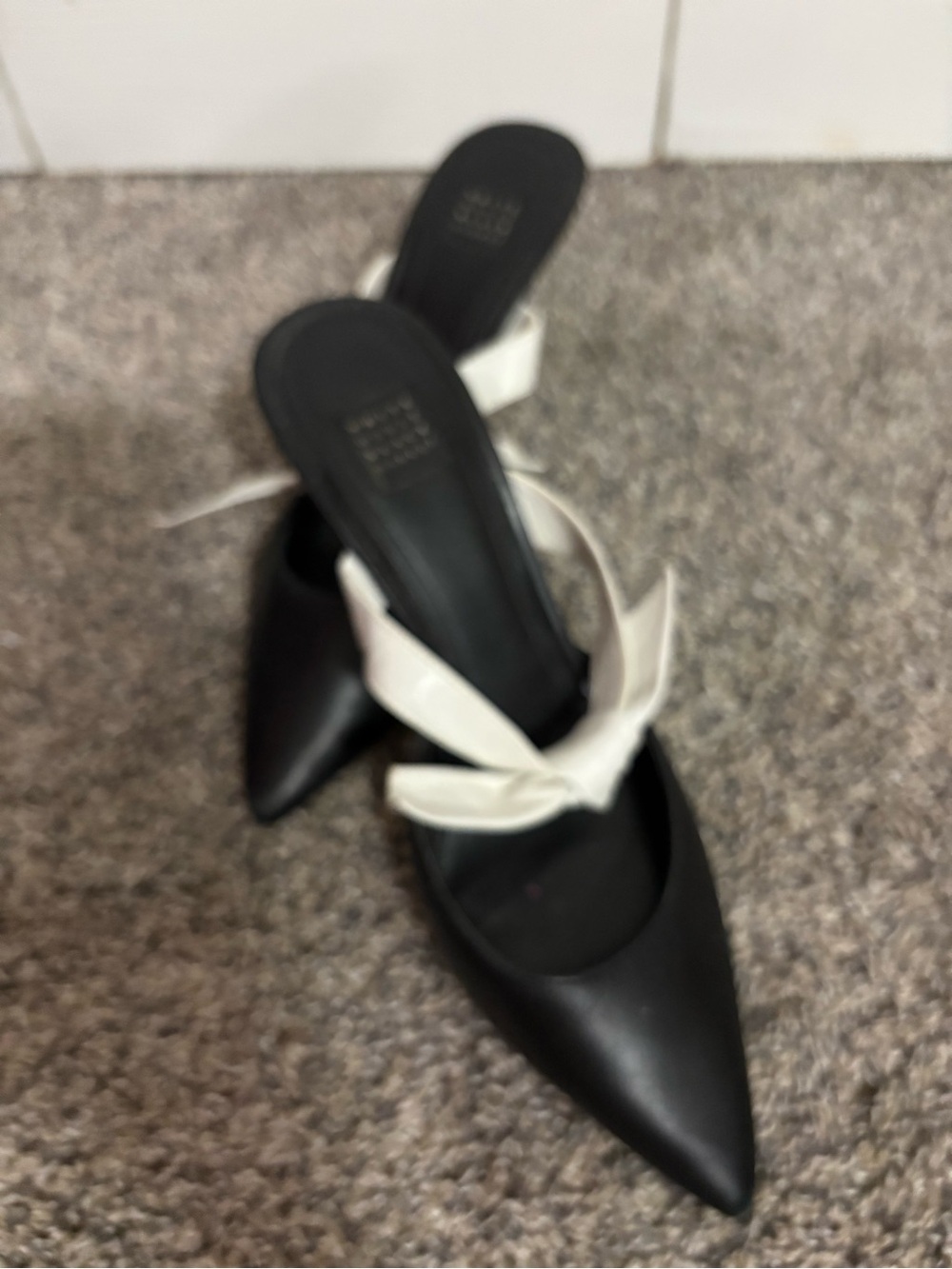 White House Black Market Women’s Black Pointed Toe Mules with White Bow Accent